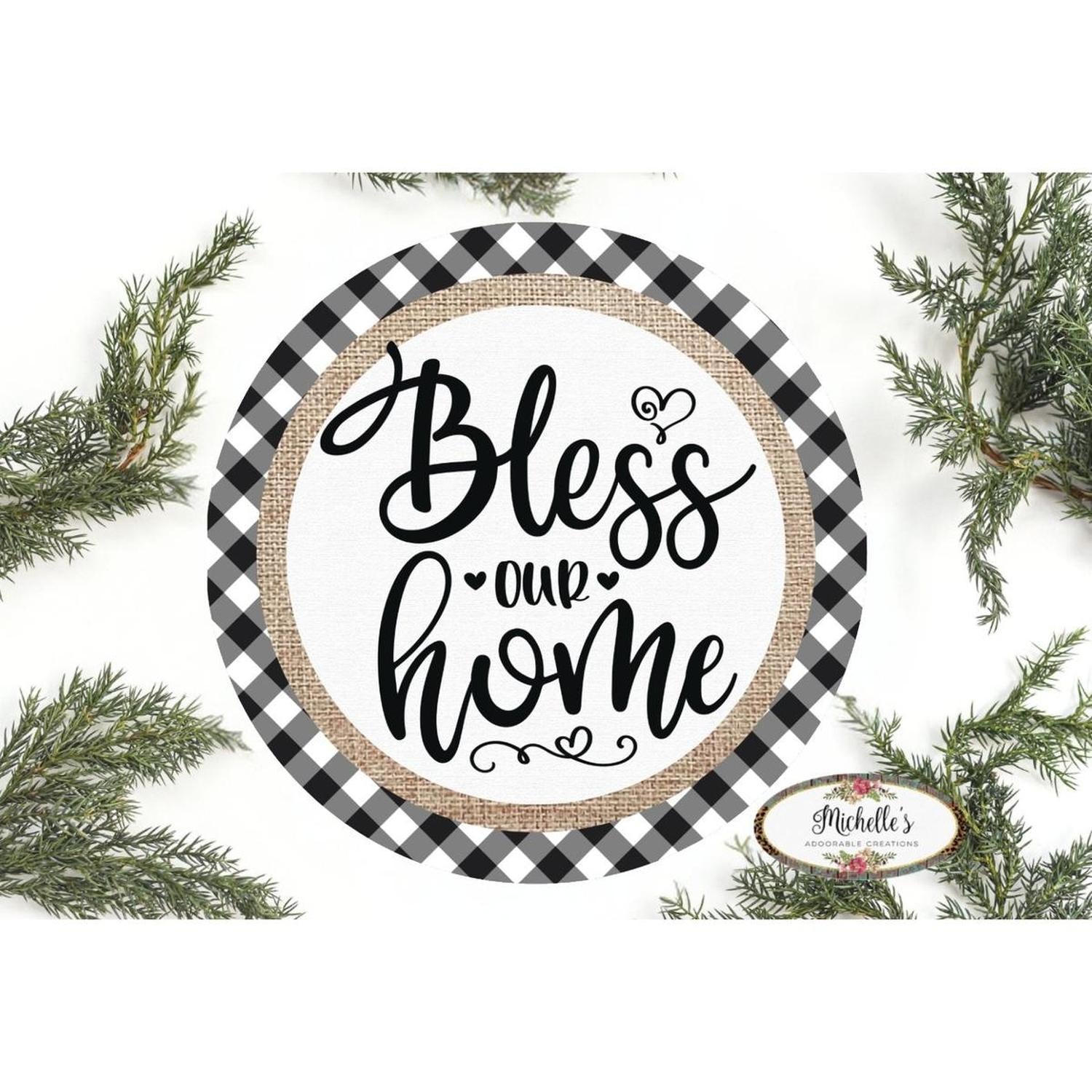 Bless Our Home Plaid Round Sign