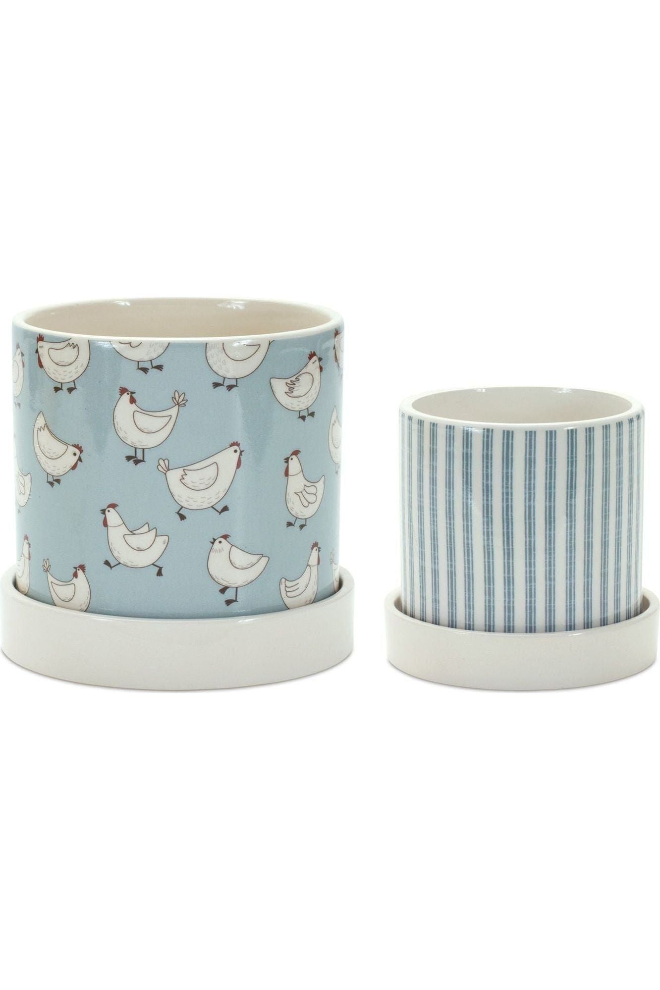 Shop For Blue and White Chicken and Striped Planter (Set of 2) at Michelle's aDOORable Creations