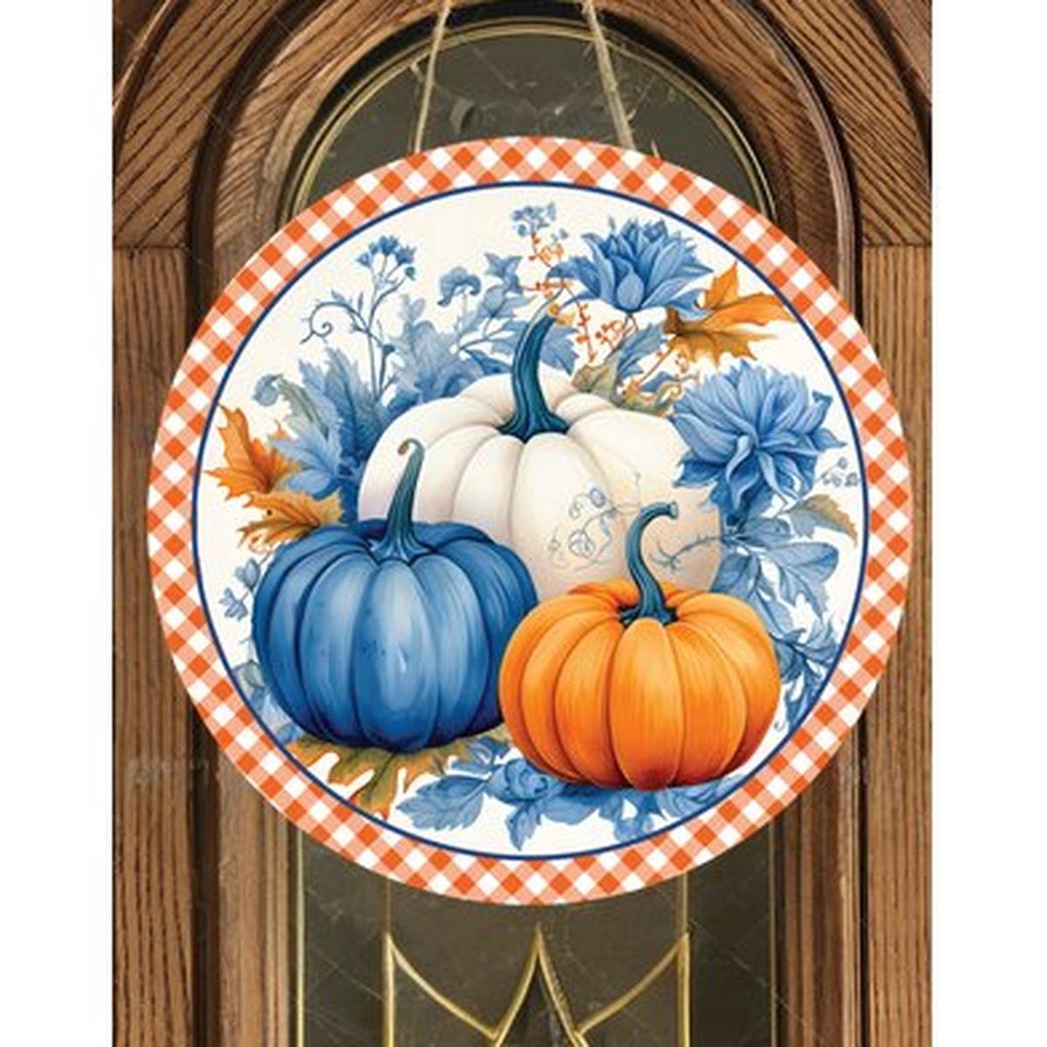 Blue Pumpkin Fall Foliage Plaid Sign - Wreath Accent Sign