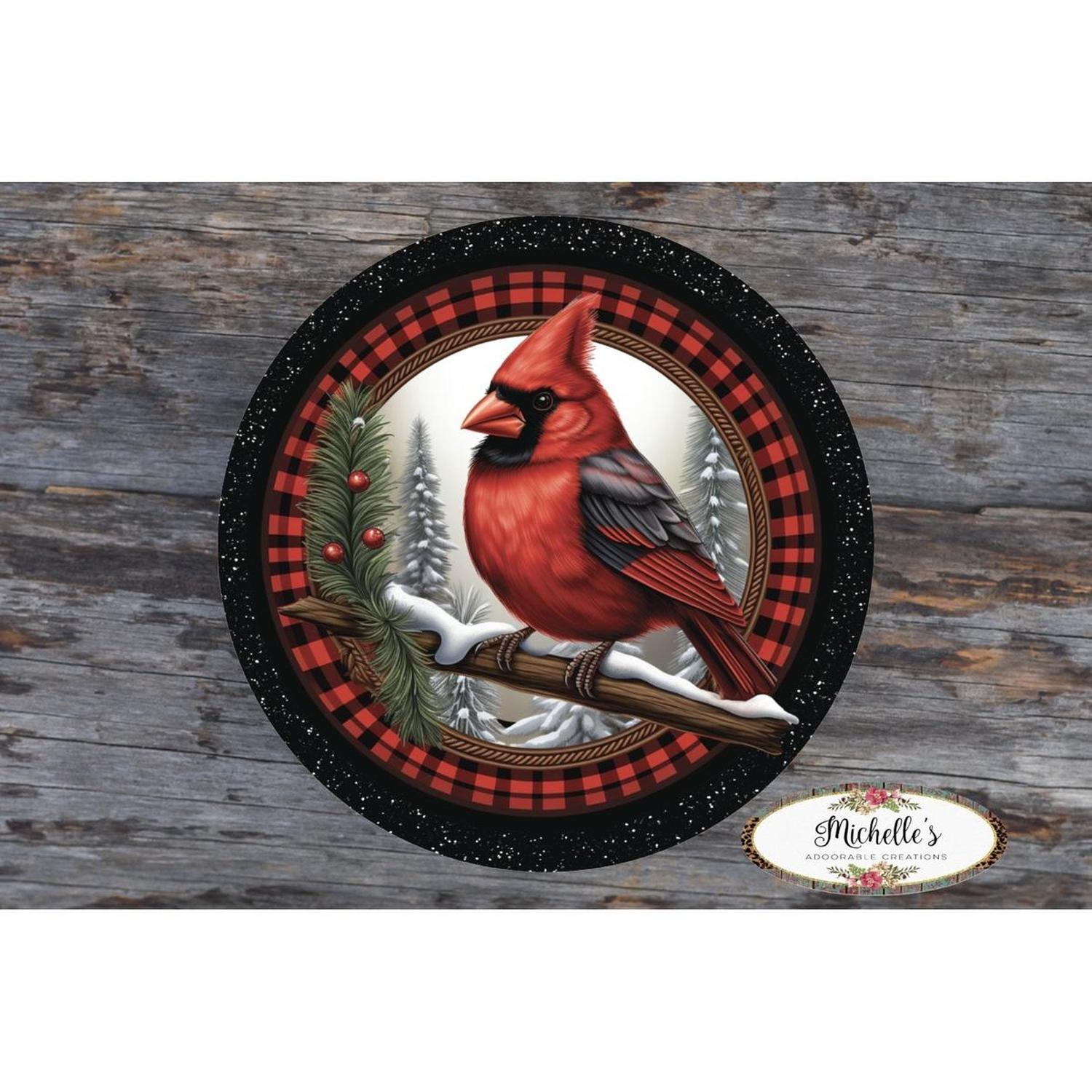 Shop For Buffalo Plaid Cardinal Round Sign - Wreath Enhancement at Michelle's aDOORable Creations