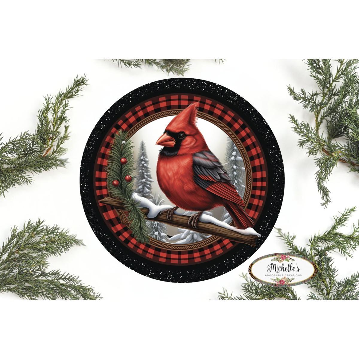 Shop For Buffalo Plaid Cardinal Round Sign - Wreath Enhancement at Michelle's aDOORable Creations