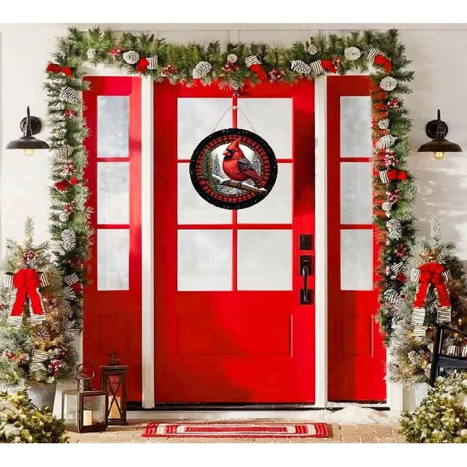 Buffalo Plaid Cardinal Round Sign - Wreath Enhancement