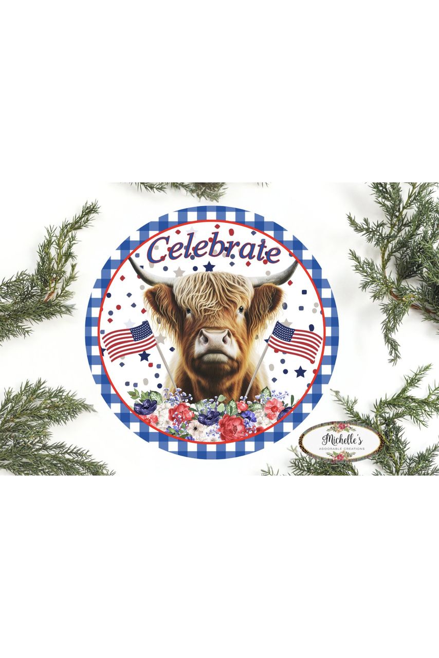 Celebrate Patriotic Highland Cow Sign - Wreath Enhancement - Michelle's aDOORable Creations - Signature Signs