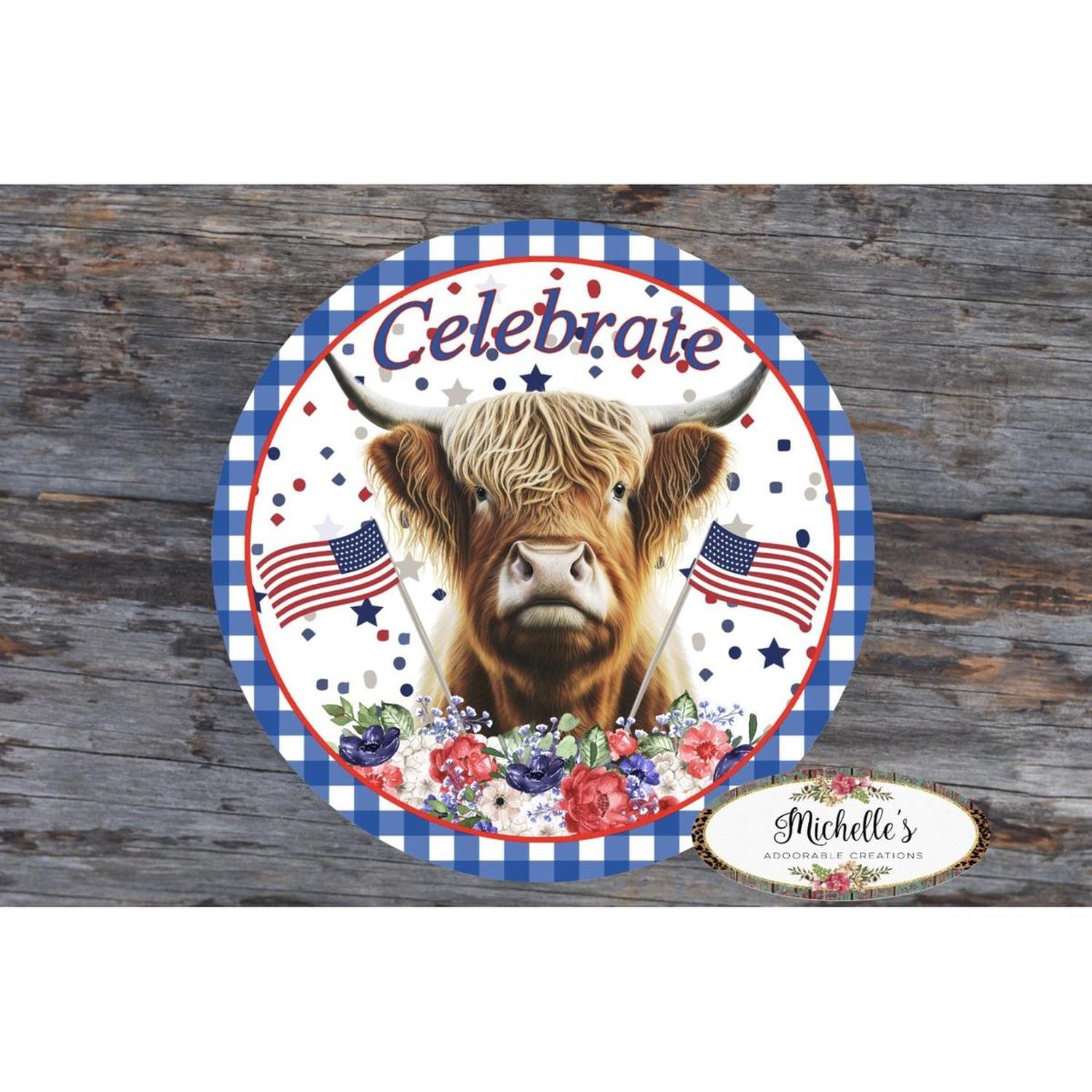 Celebrate Patriotic Highland Cow Sign