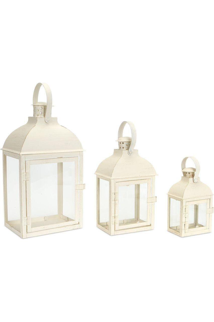 Shop For Cream White Iron Metal and Glass Lanterns (Set of 3) at Michelle's aDOORable Creations