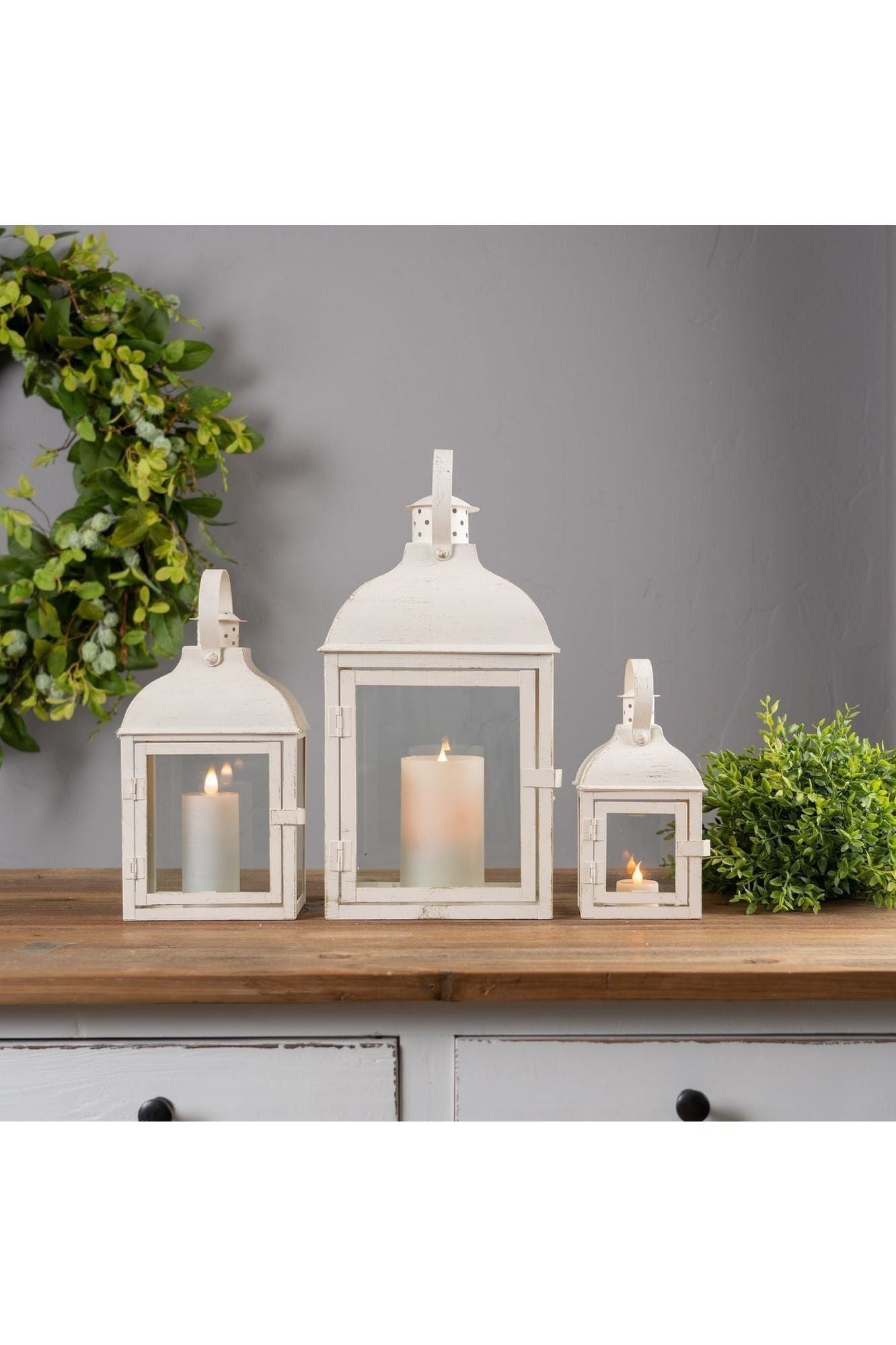 Shop For Cream White Iron Metal and Glass Lanterns (Set of 3) at Michelle's aDOORable Creations