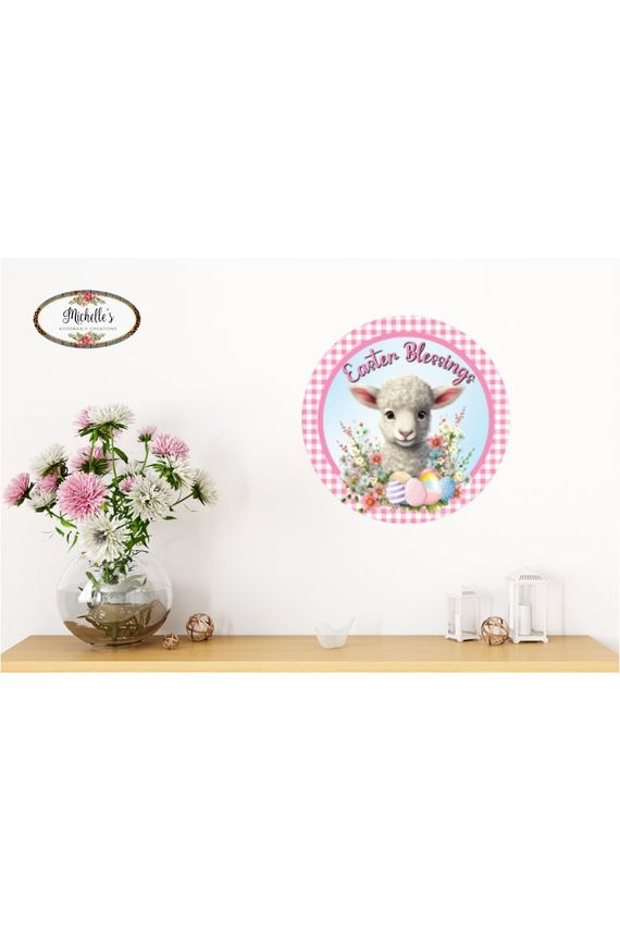 Easter Blessings Lamb Pink Gingham Sign - Wreath Enhancement - Michelle's aDOORable Creations - Signature Signs