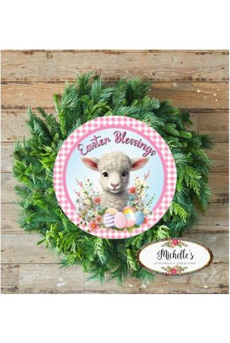 Easter Blessings Lamb Pink Gingham Sign - Wreath Enhancement - Michelle's aDOORable Creations - Signature Signs