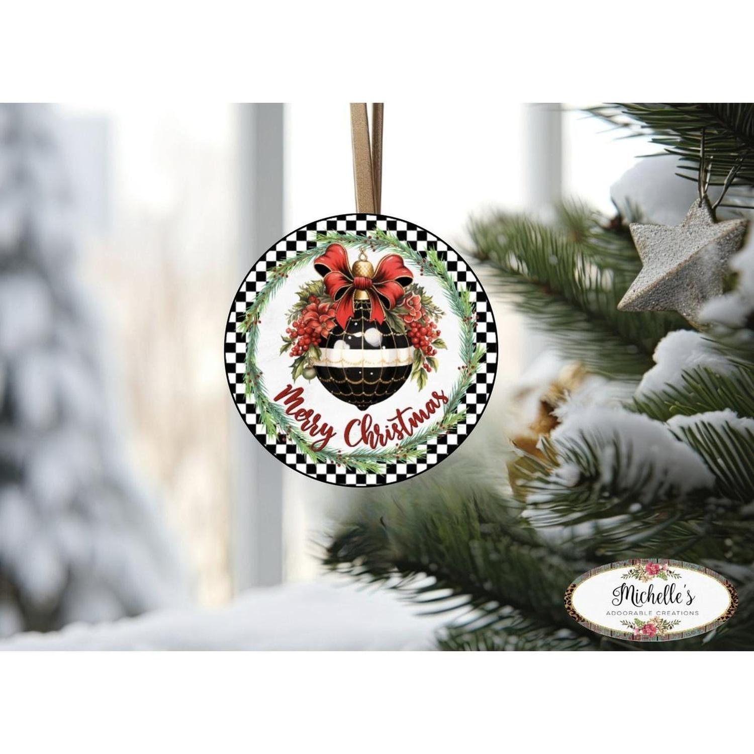Shop For Elegant Merry Christmas Ornament Check Sign - Wreath Enhancement at Michelle's aDOORable Creations
