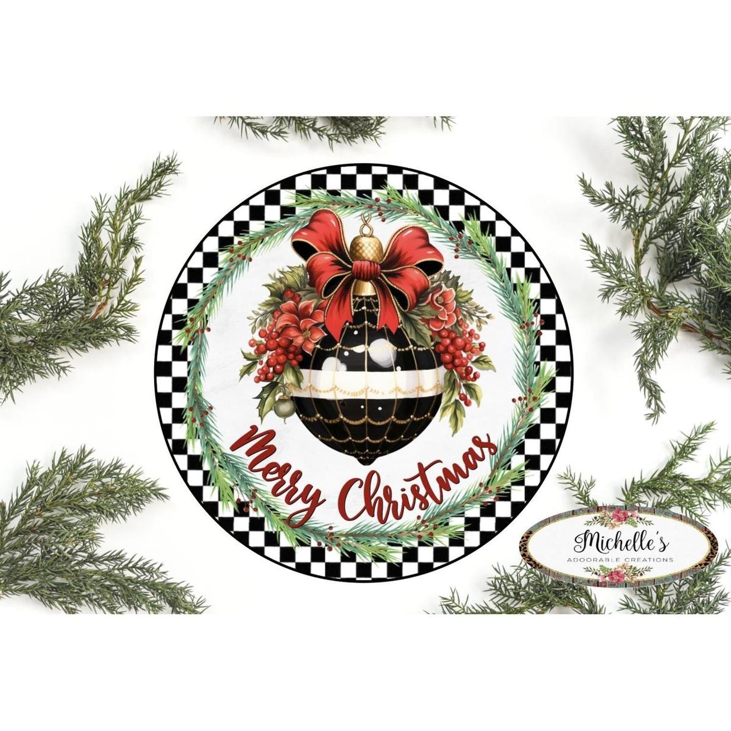 Elegant Merry Christmas Ornament Check Sign - Wreath Enhancement