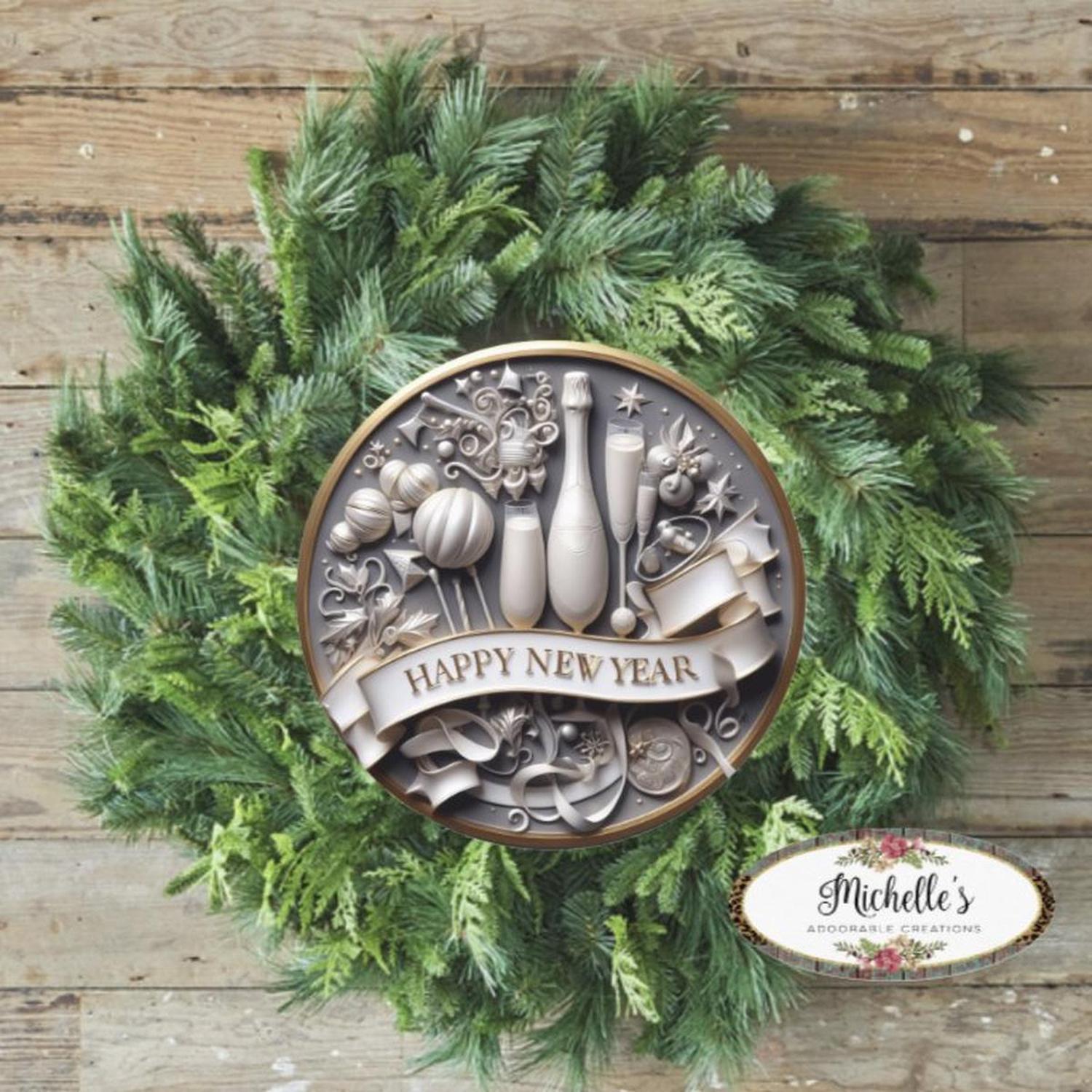Faux 3D Happy New Year Round Sign - Wreath Enhancement