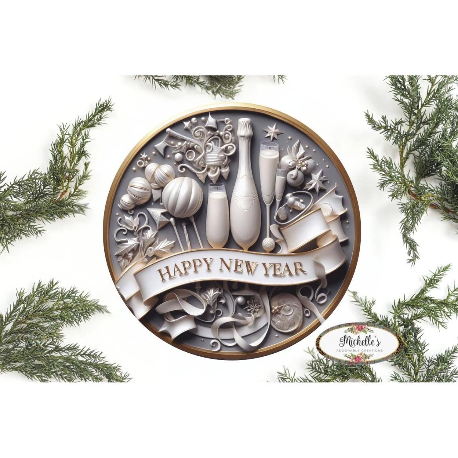 Shop For Faux 3D Happy New Year Round Sign - Wreath Enhancement at Michelle's aDOORable Creations