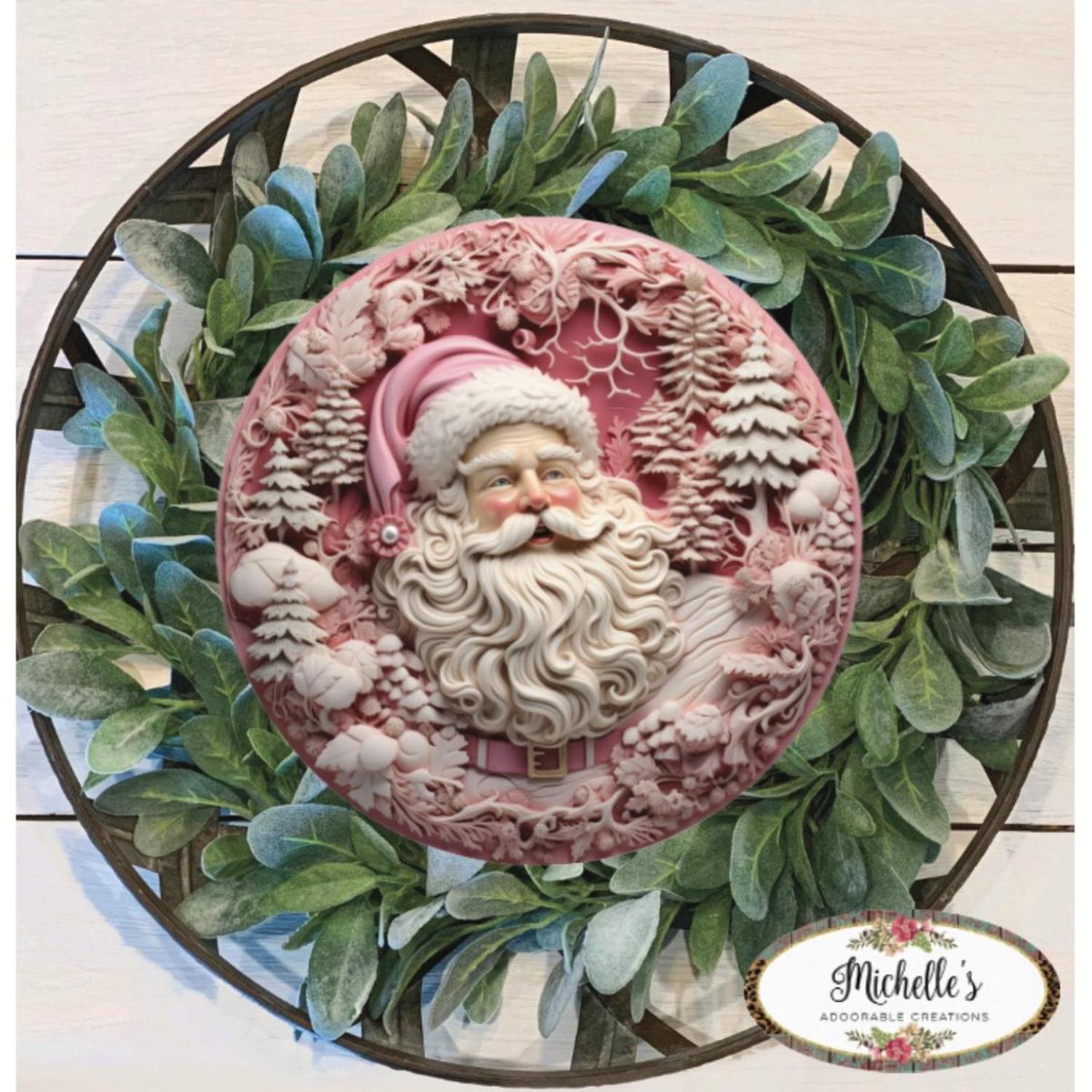 Faux 3D Pink Santa Christmas Sign - Wreath Enhancement