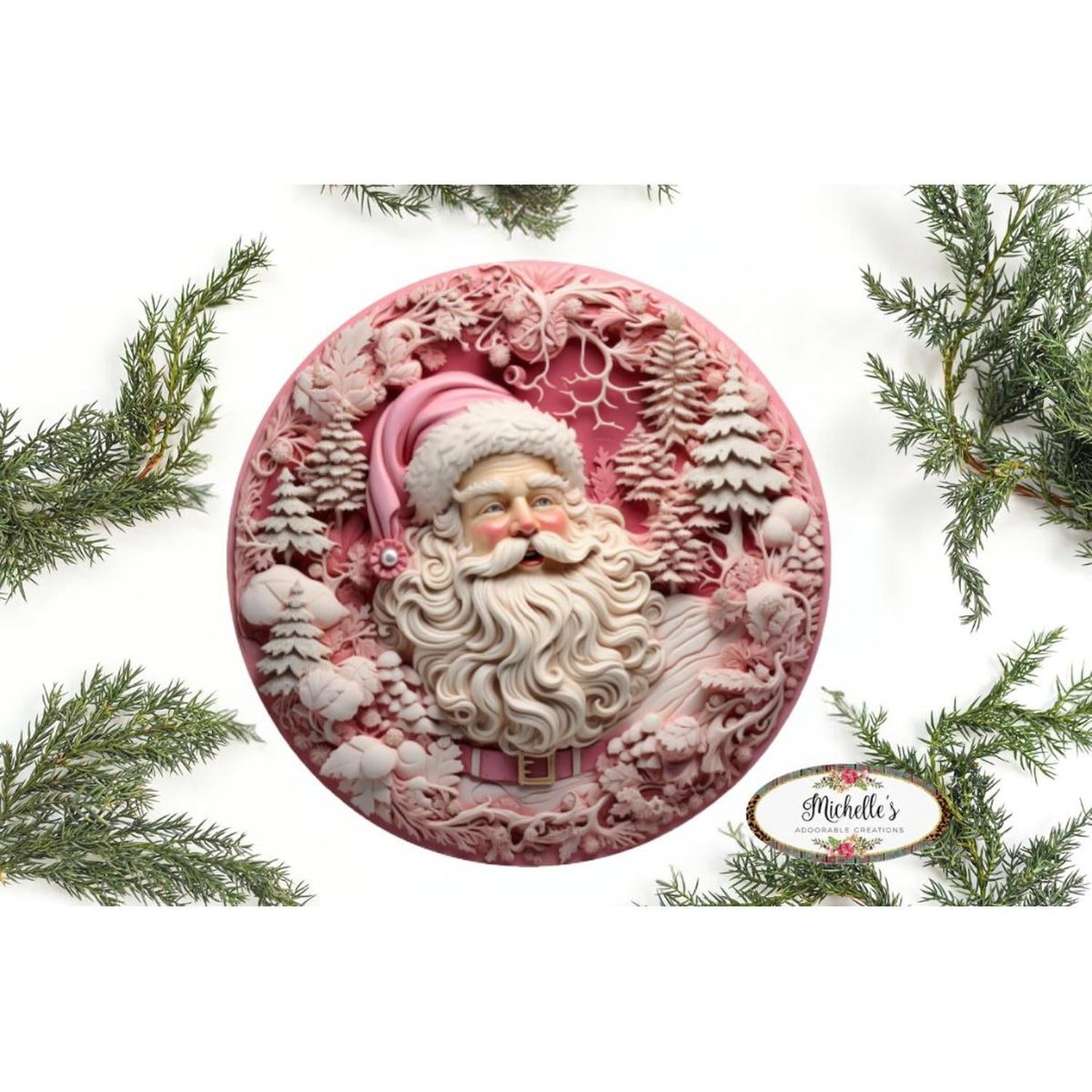 Faux 3D Pink Santa Christmas Sign - Wreath Enhancement