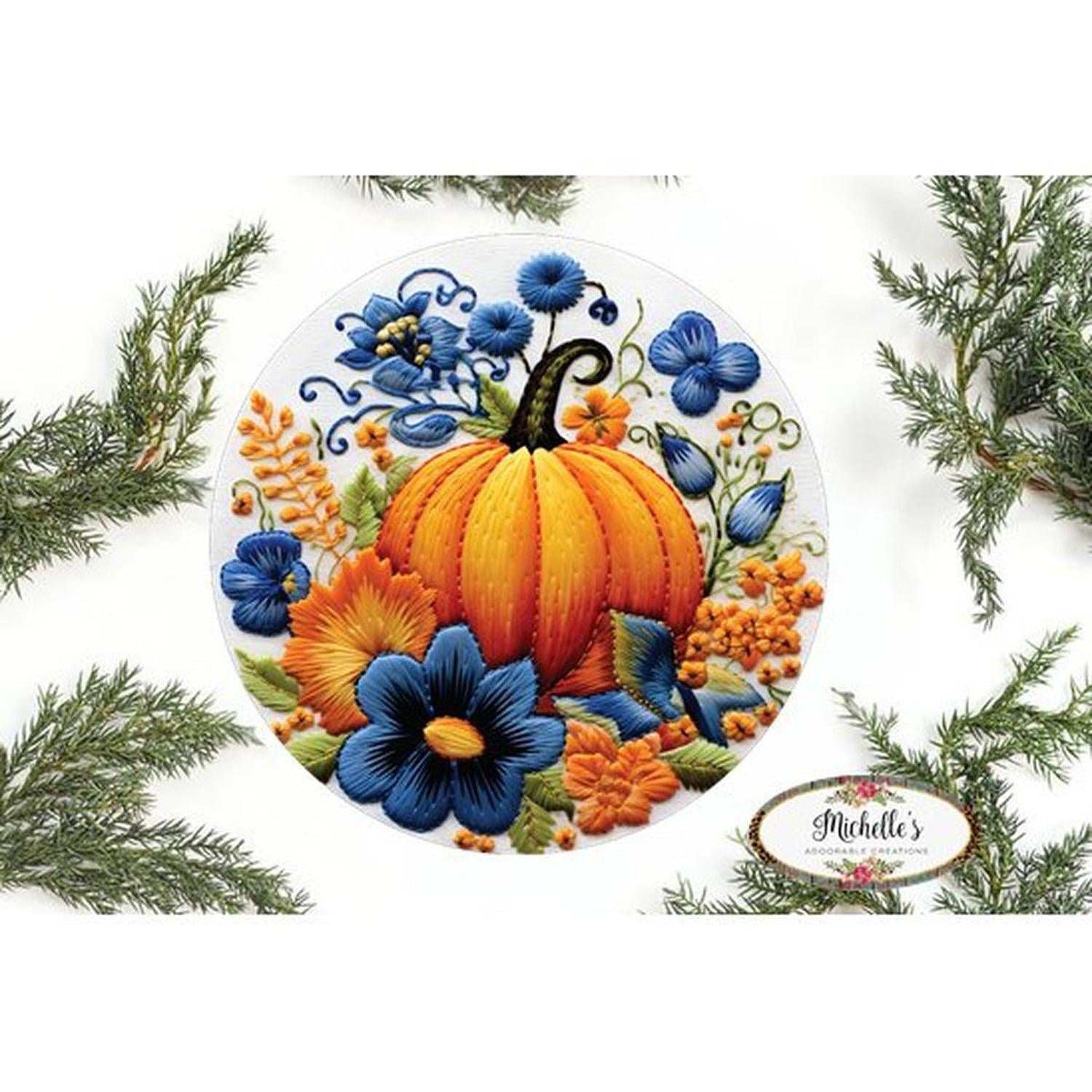 Faux Embroidery Pumpkin Blue Flowers Sign - Wreath Enhancement
