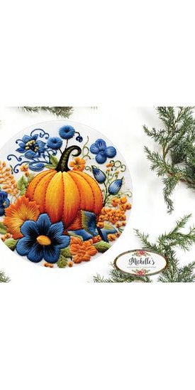 Faux Embroidery Pumpkin Blue Fowers Sign - Wreath Enhancement - Michelle's aDOORable Creations - Signature Signs