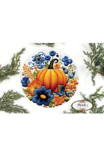 Shop For Faux Embroidery Pumpkin Blue Flowers Sign - Wreath Enhancement at Michelle's aDOORable Creations
