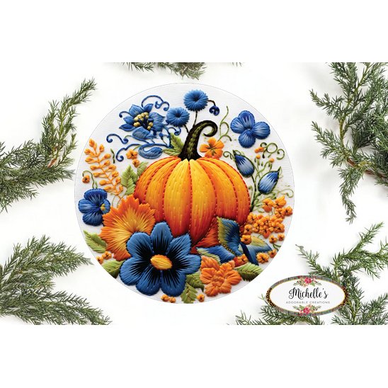 Shop For Faux Embroidery Pumpkin Blue Flowers Sign - Wreath Enhancement at Michelle's aDOORable Creations
