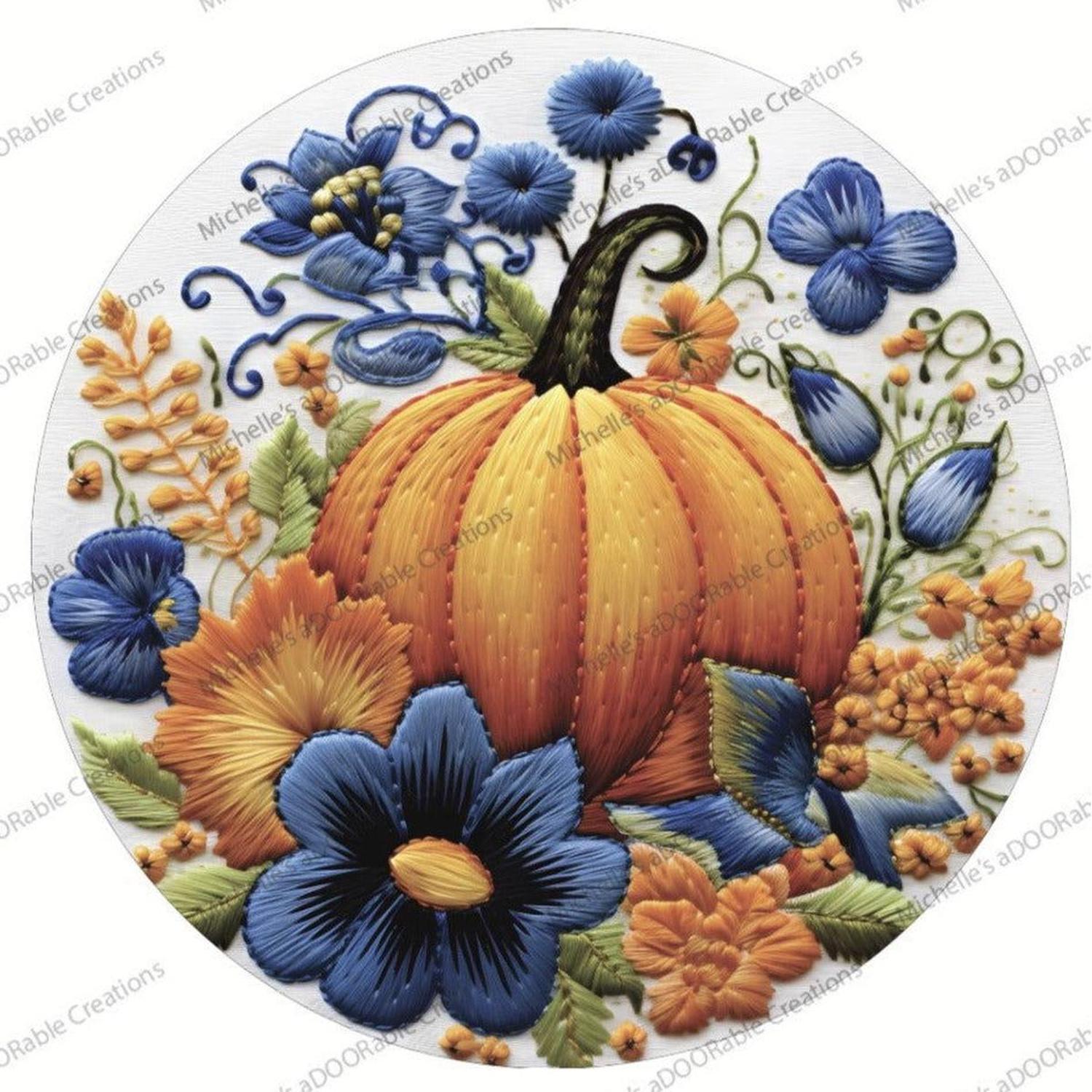 Faux Embroidery Pumpkin Blue Flowers Sign - Wreath Enhancement
