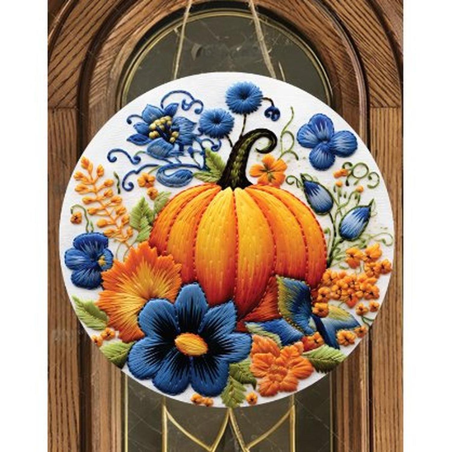 Shop For Faux Embroidery Pumpkin Blue Flowers Sign - Wreath Enhancement at Michelle's aDOORable Creations