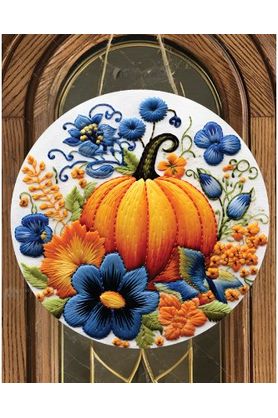 Shop For Faux Embroidery Pumpkin Blue Flowers Sign - Wreath Enhancement