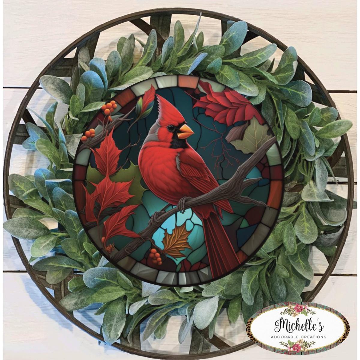 Shop For Faux Stained Glass Cardinal Bird Sign - Wreath Enhancement at Michelle's aDOORable Creations