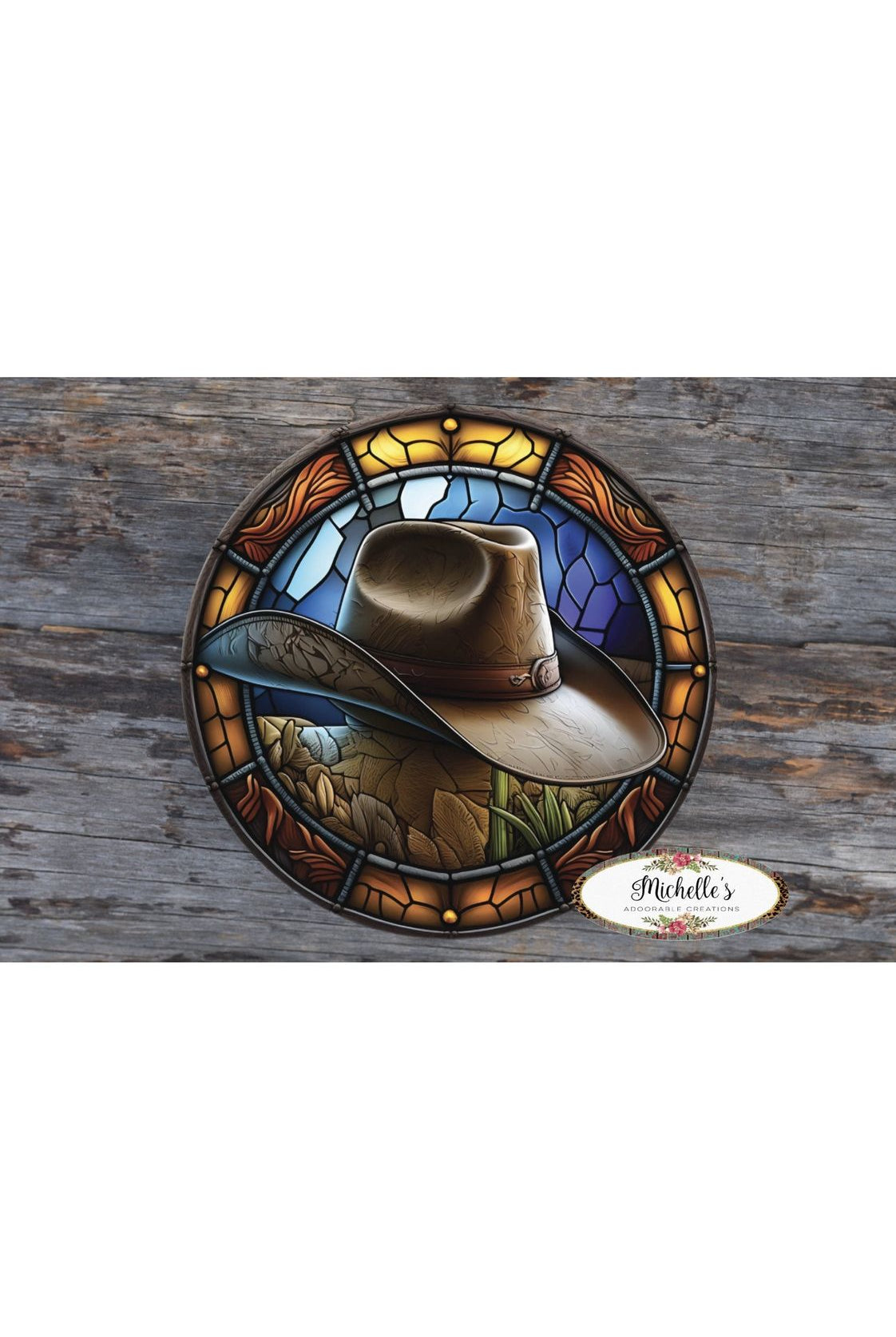 Shop For Faux Stained Glass Cowboy Hat Western Sign - Wreath Enhancement