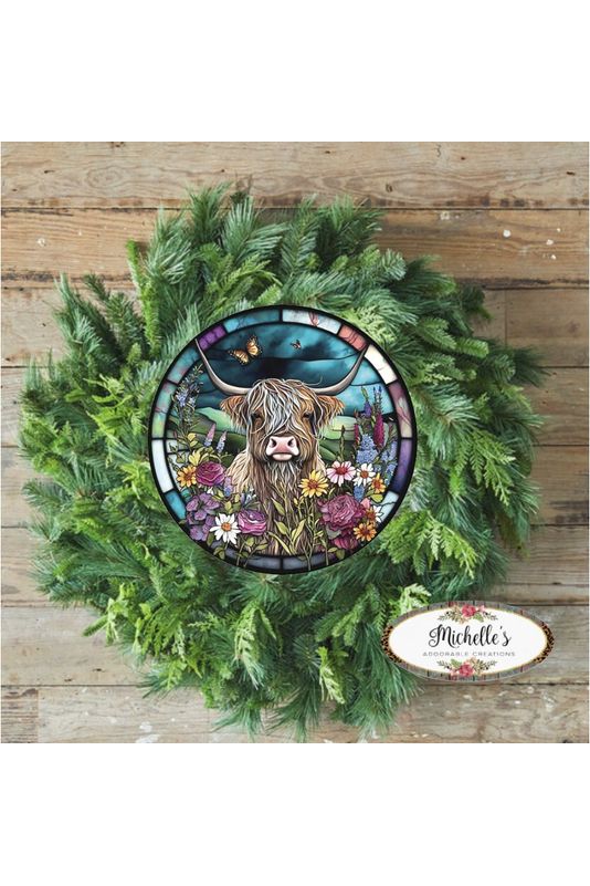 Shop For Faux Stained Glass Highland Cow Sign - Wreath Enhancement