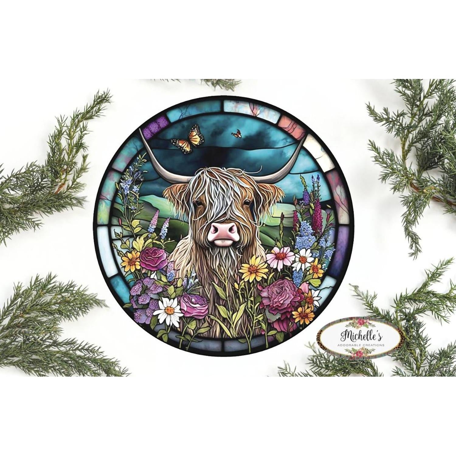 Faux Stained Glass Highland Cow Sign
