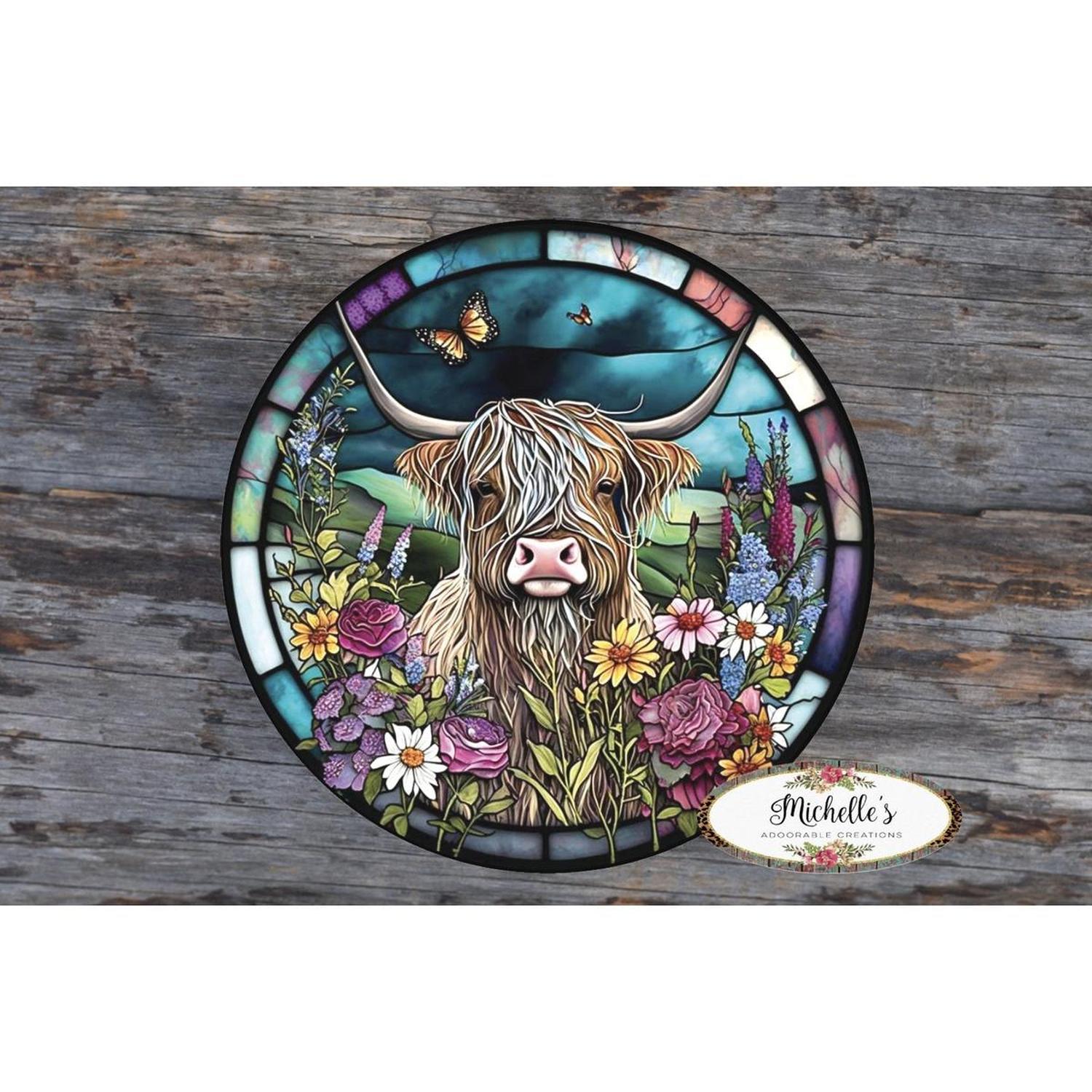 Faux Stained Glass Highland Cow Sign