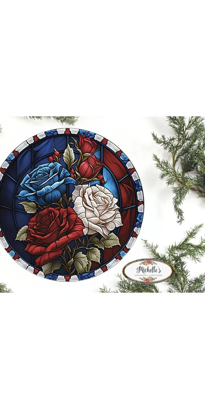 Faux Stained Glass Patriotic Roses Sign - Wreath Enhancement - Michelle's aDOORable Creations - Signature Signs
