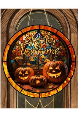 Faux Stained Spooky Welcome Pumpkins Sign - Wreath Enhancement - Michelle's aDOORable Creations - Signature Signs