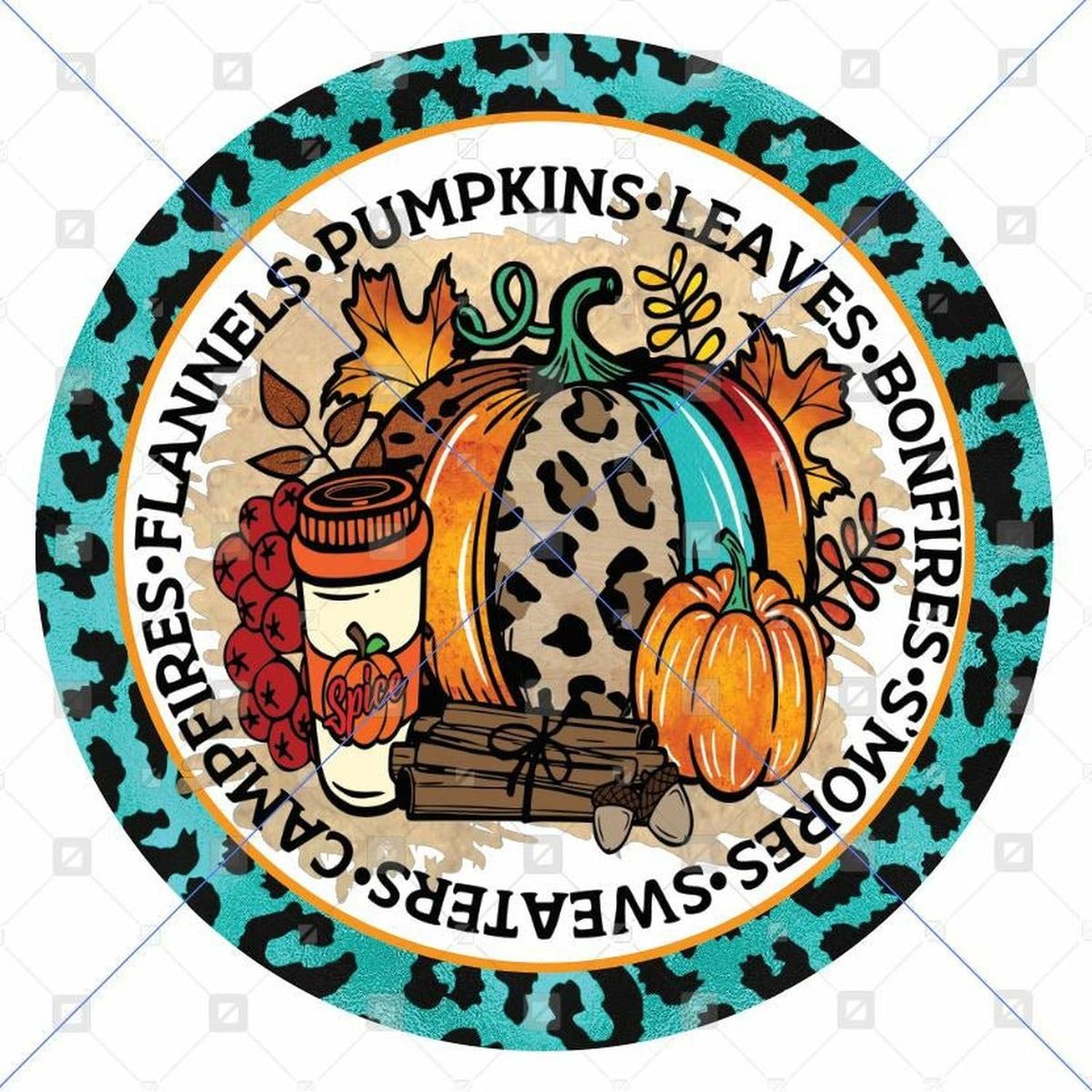 Flannels Pumpkins Leaves Teal Leopard Sign