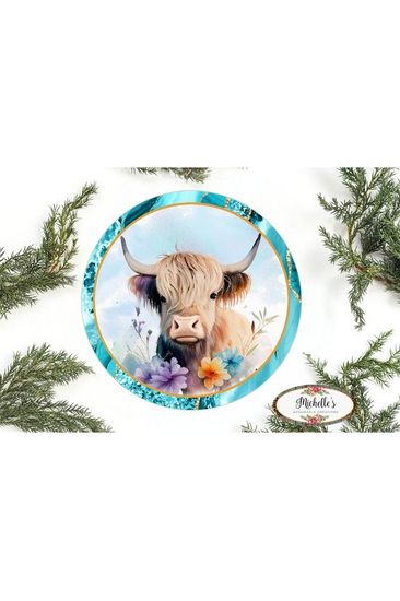 Floral Highland Cow Round Sign - Wreath Enhancement - Michelle's aDOORable Creations - Signature Signs