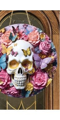 Floral Skull with Butterflies Sign - Wreath Enhancement - Michelle's aDOORable Creations - Signature Signs