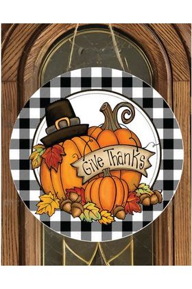 Give Thanks Fall Pumpkin Plaid Sign - Wreath Enhancement - Michelle's aDOORable Creations - Signature Signs