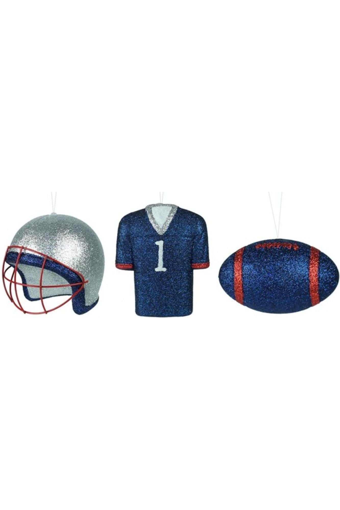 Glitter Football Ornament Assortment: Red, Blue & Silver (Set of 3) - Michelle's aDOORable Creations - Holiday Ornaments