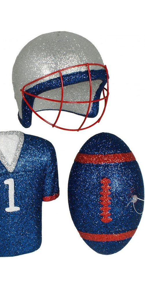Glitter Football Ornament Assortment: Red, Blue & Silver (Set of 3) - Michelle's aDOORable Creations - Holiday Ornaments