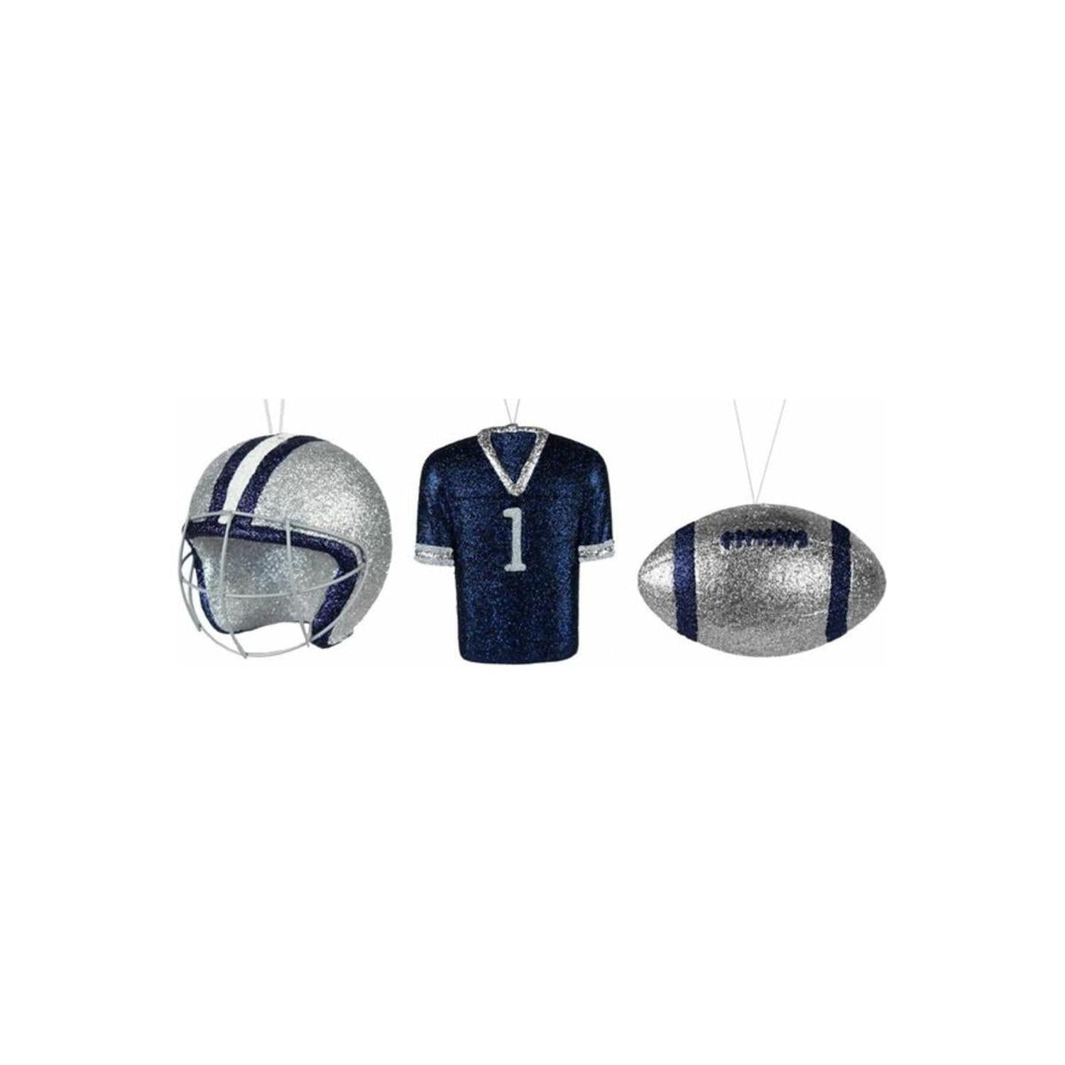 Glitter Football Ornament Assortment: Silver & Navy Blue (Set of 3)