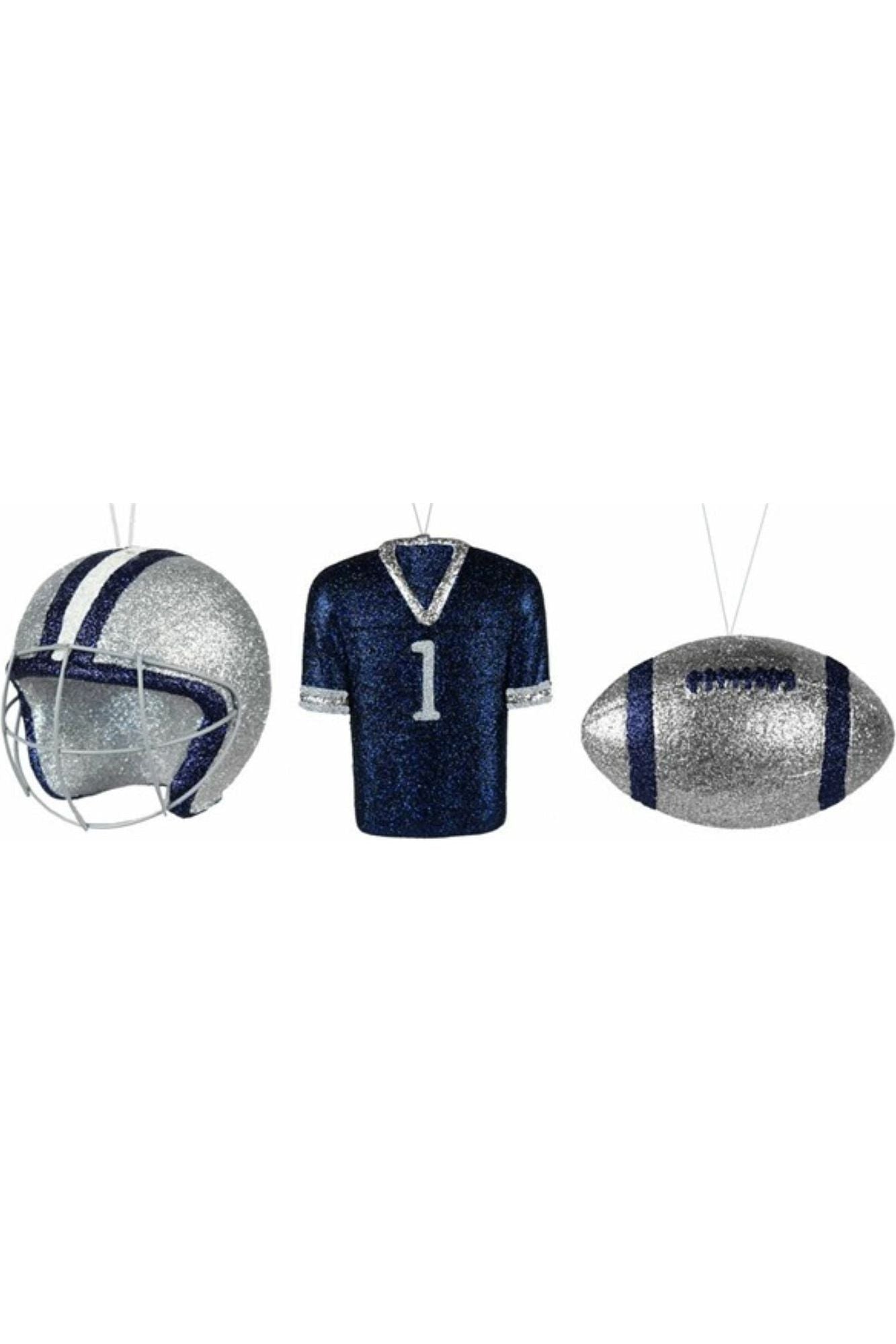 Shop For Glitter Football Ornament Assortment: Silver & Navy Blue (Set of 3) at Michelle's aDOORable Creations