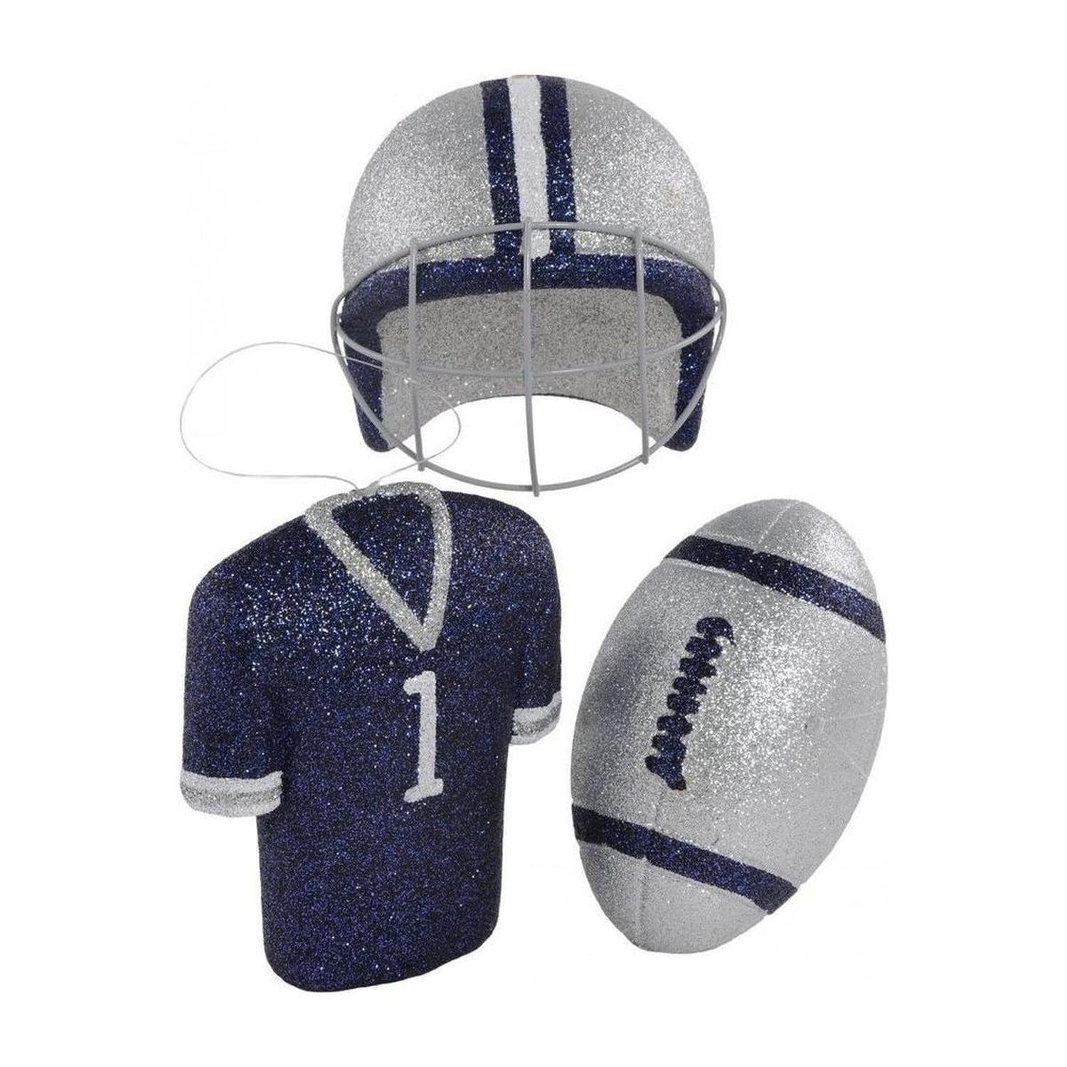 Glitter Football Ornament Assortment: Silver & Navy Blue (Set of 3)