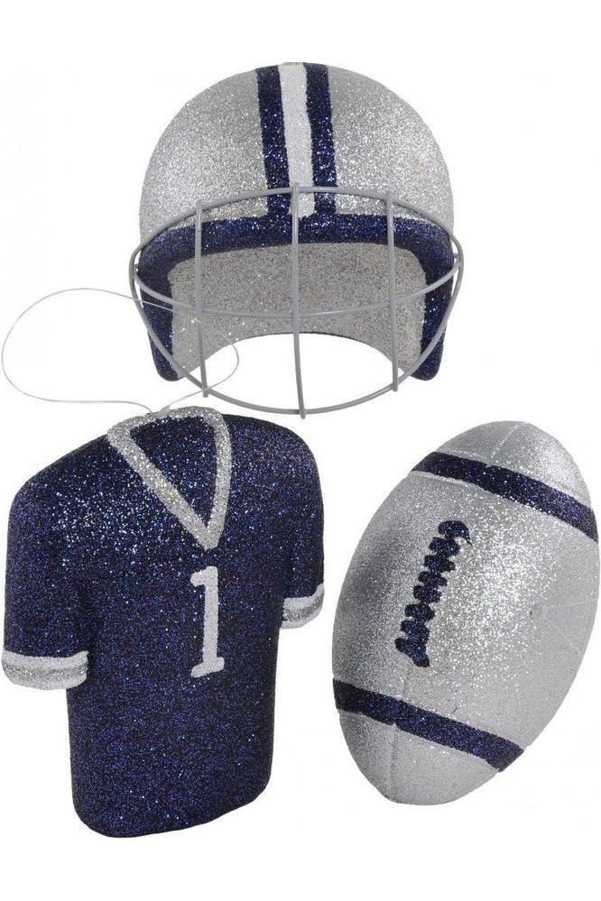 Shop For Glitter Football Ornament Assortment: Silver & Navy Blue (Set of 3) at Michelle's aDOORable Creations