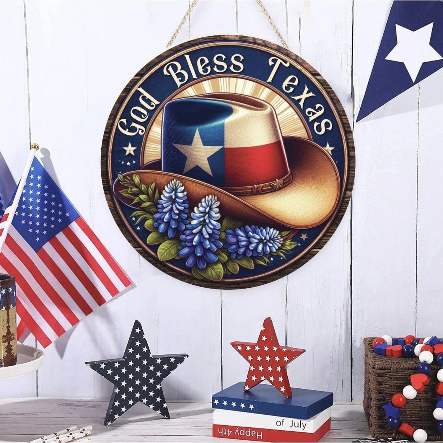 God Bless Texas Bluebonnet Cowboy Hat Sign