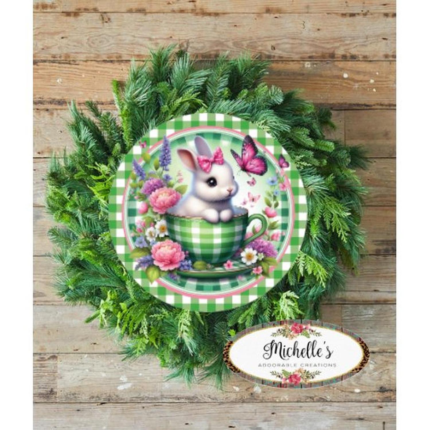 Shop For Green Check Easter Spring Bunny Teacup Sign at Michelle's aDOORable Creations