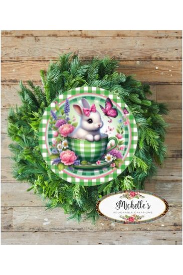 Green Check Easter Spring Bunny Teacup Sign - Michelle's aDOORable Creations - Signature Signs