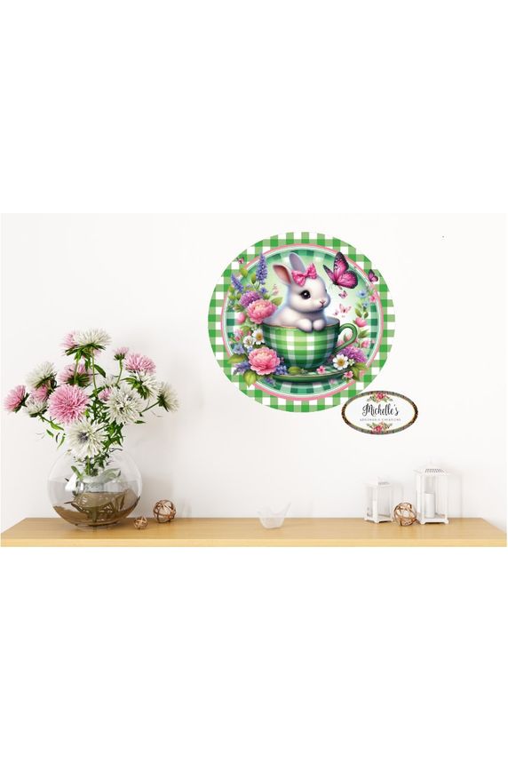 Shop For Green Check Easter Spring Bunny Teacup Sign at Michelle's aDOORable Creations