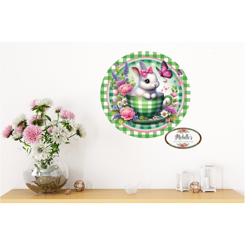 Shop For Green Check Easter Spring Bunny Teacup Sign at Michelle's aDOORable Creations