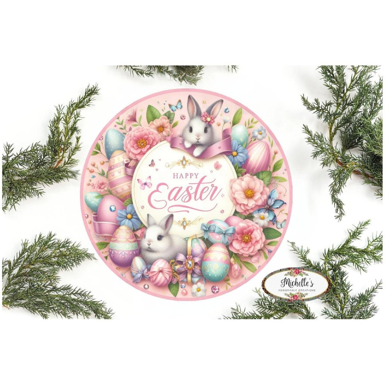 Shop For Happy Easter Pink Bunnies Egg Sign at Michelle's aDOORable Creations