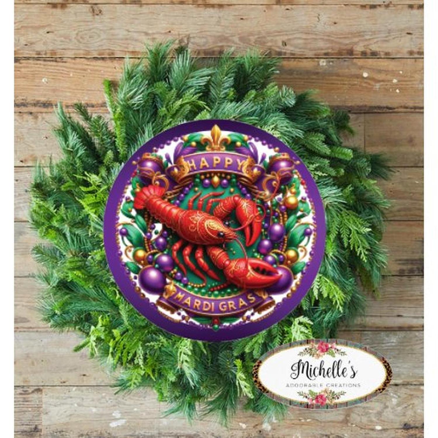 Happy Mardi Gras Crawdad Round Sign - Wreath Enhancement