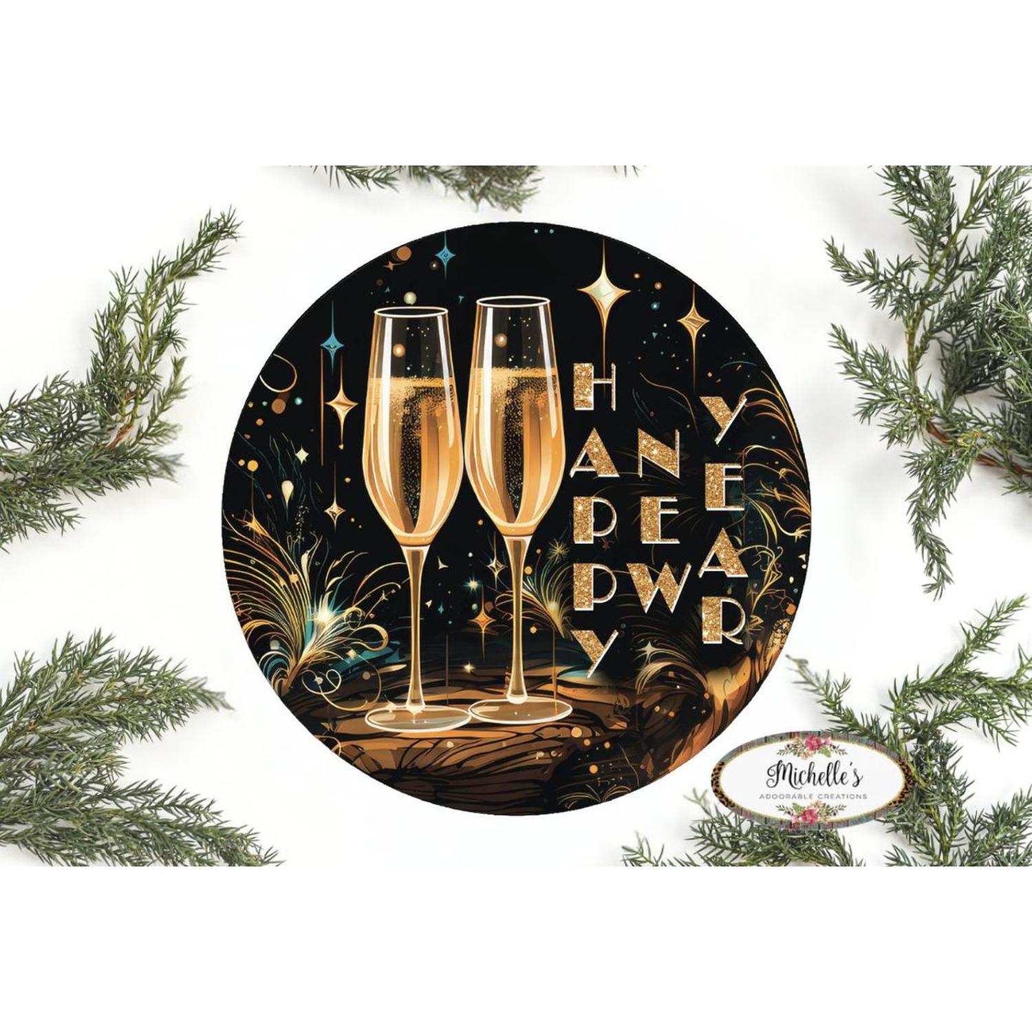 Shop For Happy New Year Champagne Glasses Sign - Wreath Enhancement at Michelle's aDOORable Creations